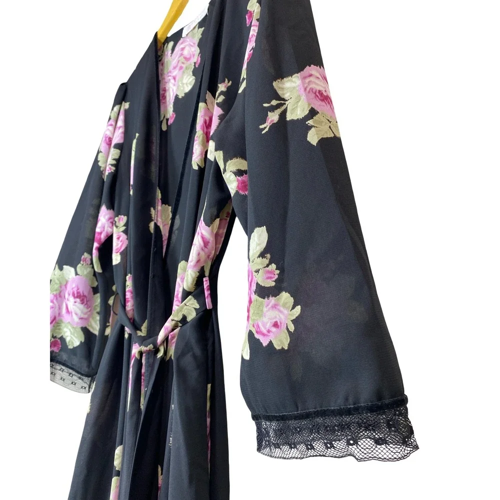 Vintage Oscar de la Renta Pink Label Floral Wrap Robe Rose Chiffon Lace Maxi M